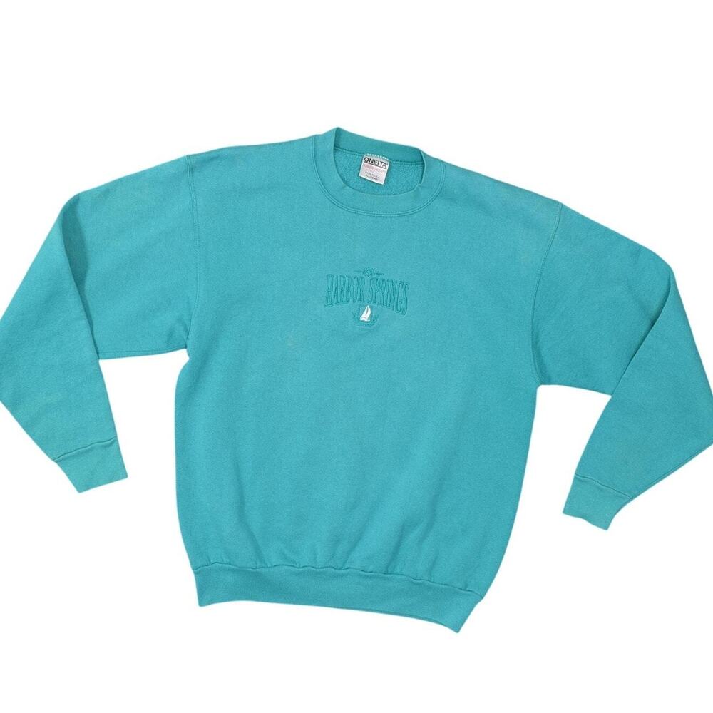 Oneita VTG Harbor Springs Green Pullover Sweater Cotton Blend Men's XL Stained